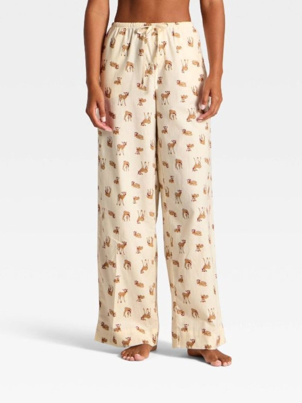 Women's Brushed Cotton Sleep PJ Pants Cream Deer Holiday Pajamas Size M